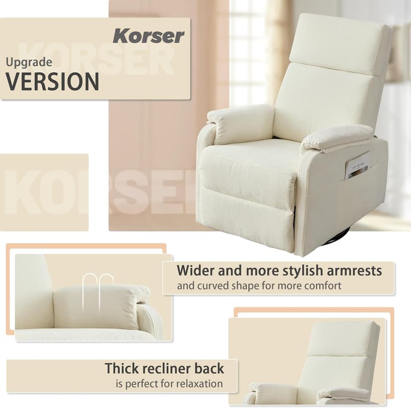 Korser Recliner Chair, Swivel Rocking Recliner Chair for Adults, Glider Rocking Chair, Small Nursery Chair Recliner for Living Room, Reclining Chair with Modern-Designed Armrests, Chenille, Beige