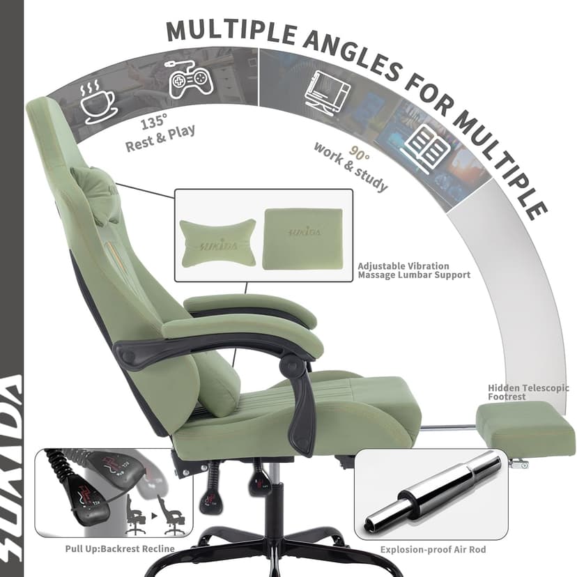 Gaming Chair with Footrest Ergonomic Computer Chair Massage Lumbar Cushion, Racing Video Game Chair Adjustable Rocker Recliner Executive Office Desk Chair Fabric for Adults