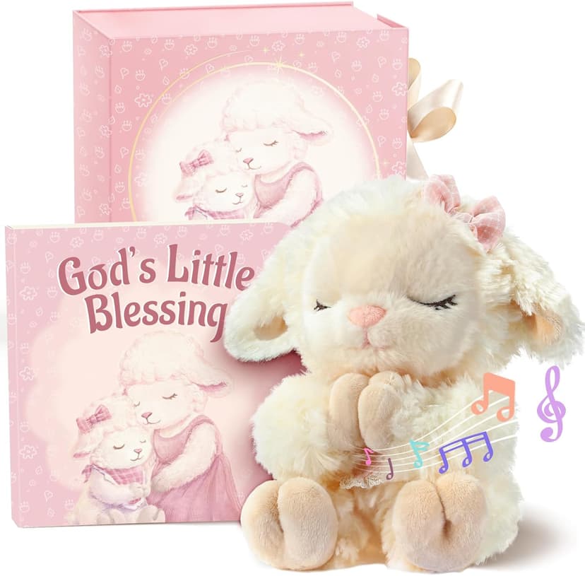 Baptism Gifts for Girl, Catholic Christening, Baby Dedication & Baptismal Gift Set for Baby Girls & Kids - with 9" Musical Praying Lamb Plush Toy & God's Little Blessing Book in Keepsake Box