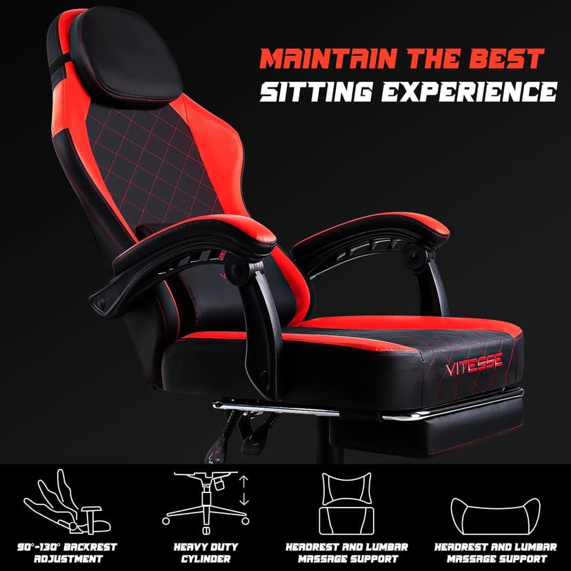 VITESSE Ergonomic Video Gaming Chair for Adults, 400 lbs PC Computer Chair, Racing Office Chair, Silla Gamer Height Adjustable Swivel Chair with Lumbar Vibration Support and Headrest(Red)