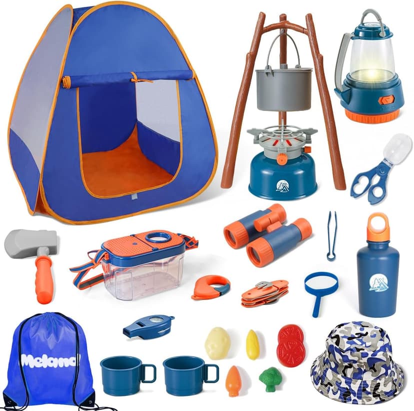 Pop-up tent, campfire, lantern, binoculars and camping gear for realistic pretend adventures indoors or outdoors Meland Camping Play Set for Child 3-6, Pretend Adventure Toy Gift B094XXBT8Z