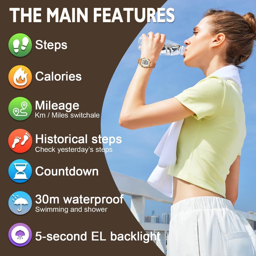 Women's Step Counter Pedometer Watch with Stainless Steel Bracelet, Stylish Design, No App, No Charging Needed for Step, Calorie, Distance, Alarm, Countdown Timer,TU-2401