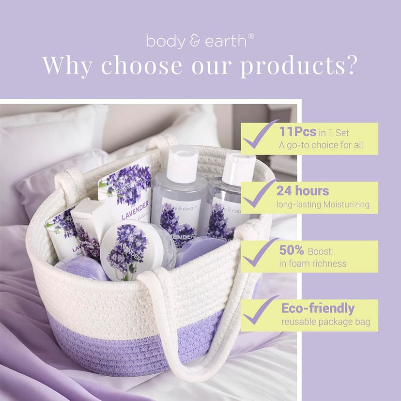 Spa Gift Baskets for Women - Body & Earth 11pcs Lavender Gift Sets with Bubble Bath, Shower Gel, Body Lotion, Birthday Gifts for Women, Spa Kit for Mom Gifts, Purple Gifts, Christmas Gifts for Her