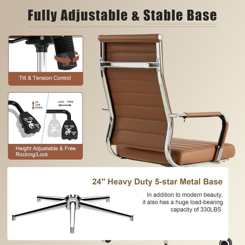 Okeysen Office Desk Chair, Ergonomic Leather Modern Conference Room Chairs, Executive Ribbed Height Adjustable Swivel Rolling Chair for Home Office. (Brown)