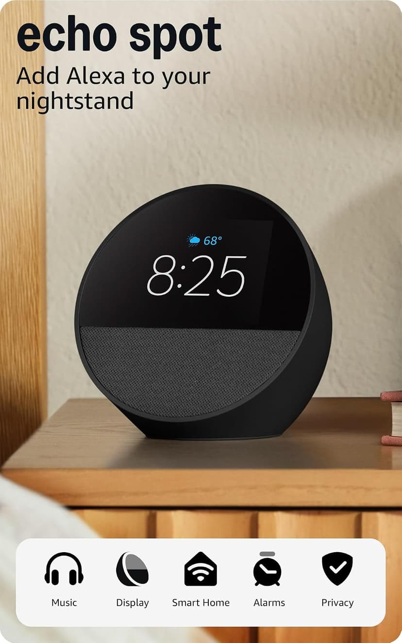 Amazon Echo Spot (newest model), Great for nightstands, offices and kitchens, Smart alarm clock, Designed for Alexa+, Black B0BFC7WQ6R