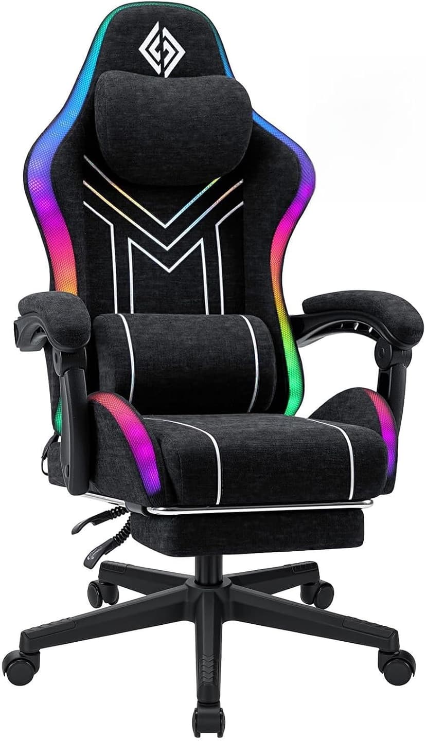 HOFFREE Gaming Chair with Music Rhythm LED Lights and Bluetooth Speakers, Fabric Ergonomic Computer Chair with Footrest, Reclining Video Game Chair for Gaming & Office, Dark Black