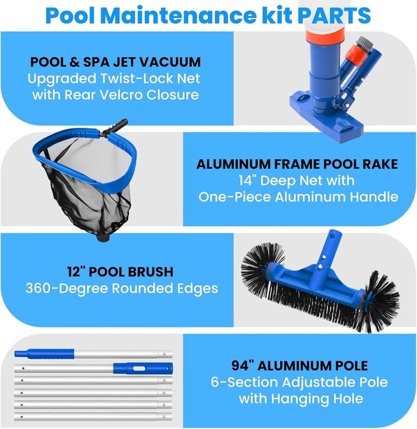 Poolvio Pool Cleaning Kit with Spa Jet Vacuum Cleaner, 8-Foot Pole, Leaf Rake Net & Round Brush for Inflatable and Above-Ground Pools