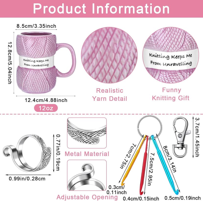 7 Pcs Crochet Knitter Gift Set Humorous Novelty Crochet Mug Mini Hooks Keychain Knitting Loop Ring Makeup Bag Handbag Sock for Women Christmas Beginner Lovers Gifts