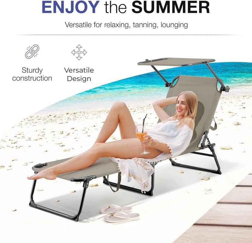 ComfySure Folding Outdoor Lounge Chair Set of 2 with Adjustable Shade Canopy, Portable Sun Tanning Chairs, Gray (1, Taupe)