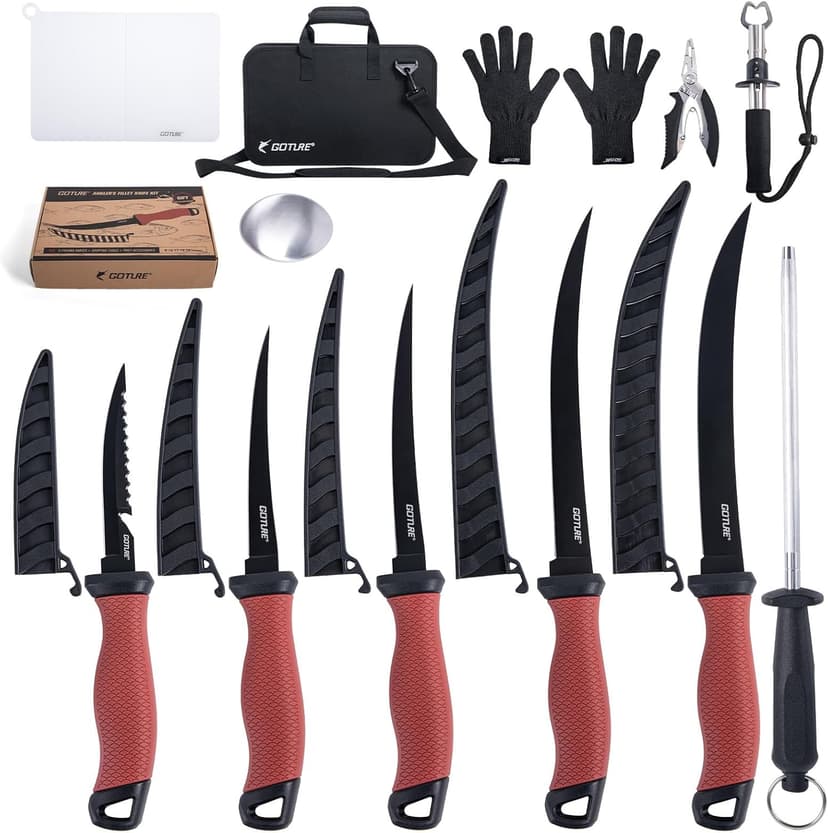 Goture Fillet Knife Fishing Kit,Bait Knife and Filet Knives with Sheath,Sharpening Rod,Fish Lip Gripper,Fishing Pliers,Cutting Board,Gloves,Stainless Steel Soap,Portable Storage Bag,Gifts for Men