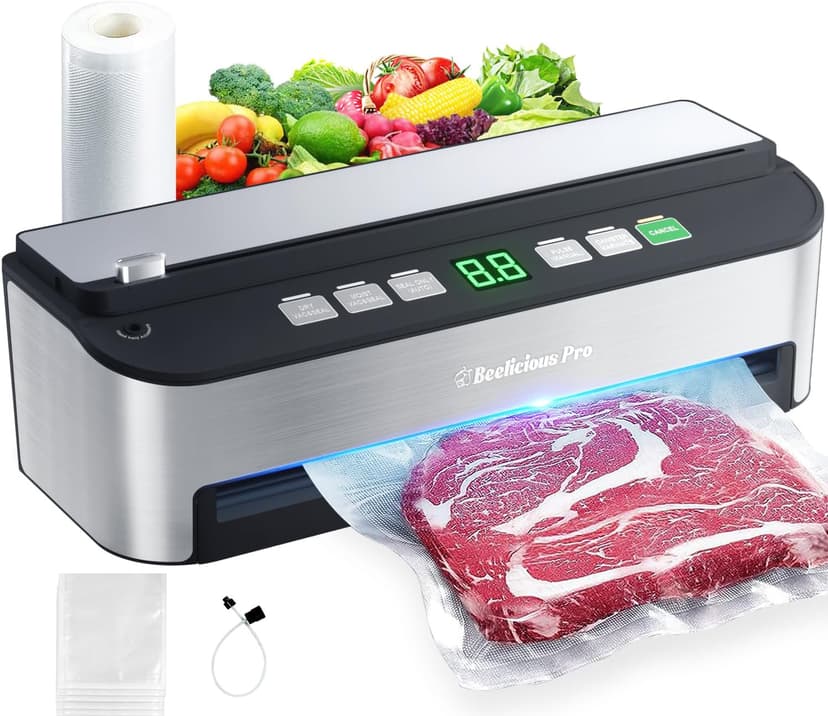 PressFree TRUE-Auto Vacuum Sealer Machine, Beelicious 85KPA Fully Automatic 8-IN-1 Food Sealer with Bags Storage, Build-in Cutter, Moist Mode and Air Suction Hose |Sous Vide | Digital Countdown