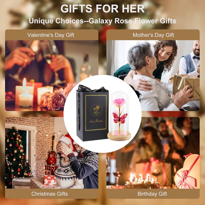 Beferr Christmas Rose Gifts for Women Mom Birthday Gifts, Galaxy Glass Rose Forever Preserved Flowers for Delivery Prime Light Up Rose in Glass Dome with Butterfly Xmas Gifts for Grandma Her Wife