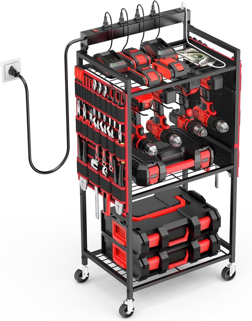 Floor Rolling, Large Tools Storage Cart on Wheels, Heavy Duty Drill Battery Station, Utility Rack Shelf for Garage Workshop JUNNUJ Power Tool Charging Organizer Cart, 8 Outlet 3 USB, 6 FT Cord, Red B0F378R323
