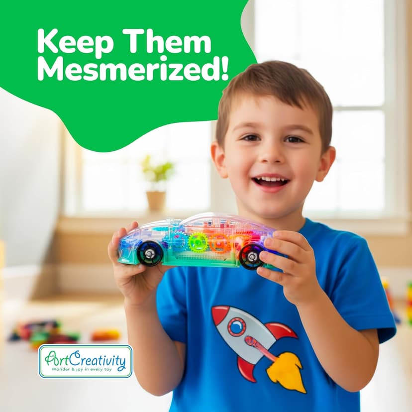 ArtCreativity Light Up Transparent Sensory Car Toy for Kids, 1PC, Bump and Go Toy Car with Colorful Moving Gears, Music, and LED Effects, Easter Toys for Toddlers, Great Birthday Gift Idea