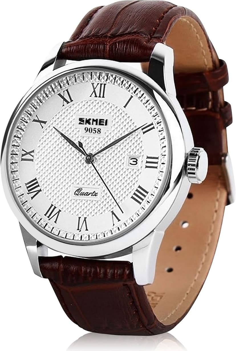 cofuo Mens Leather Band Quartz Watch, Men's Analog Business Working Roman Numeral Casual Waterproof Watches with Calendar Date Daily Dress Fashion Wristwatch - Brown