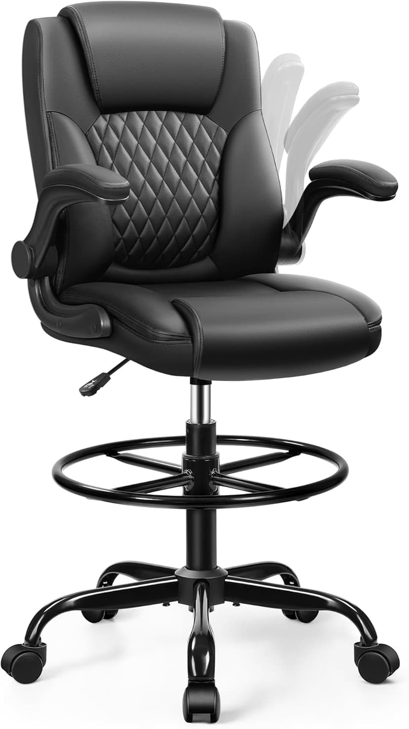 Drafting Chair,Tall Office Chair for Standing Desk,High Executive Leather Ergonomic Computer Chair with Adjustable Height and Flip-Up Armrest for Counter Height Desk,Black
