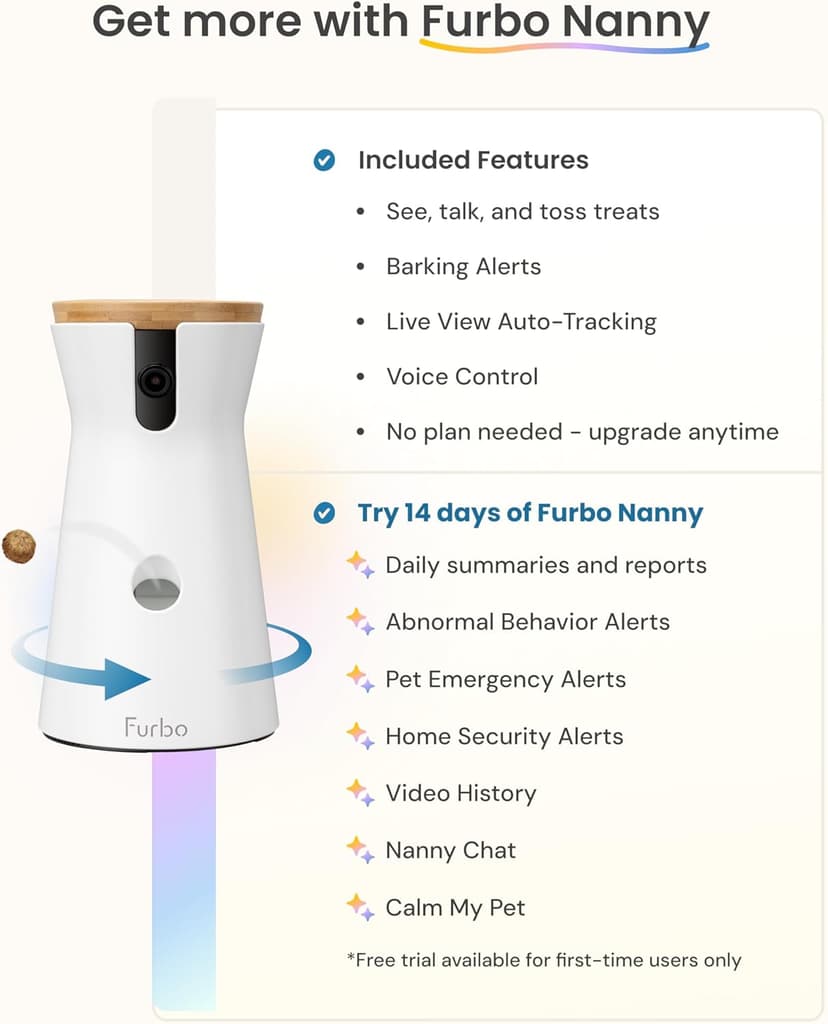 Furbo 360° Dog Camera: Pet Security Cam w/Barking Alerts, Rotating View, Treat Toss w/Phone App, Smart Home Puppy Monitoring, 2-Way Speaker, No Subscription Needed. Standard See, Talk, & Toss Features