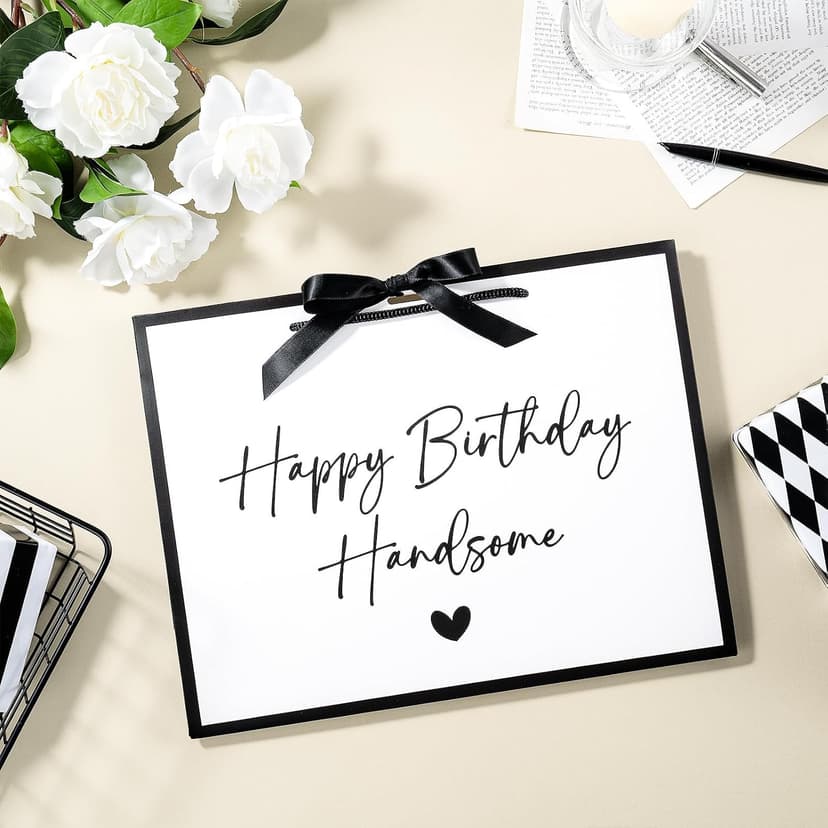 Loveinside 13" Large Birthday Gift Bag, White & Black Happy Birthday Handsome Elegant Script Design Party Bag with Bow Ribbon for Men, Husband, Boyfriend, Party Gift, 13" x 5" x 10", 1 Pcs B0GGZD2DT9