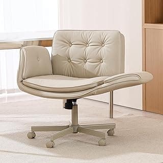 amseatec Criss Cross Office Chair, PU Leather Vanity Chair with 5-Level Adjustable Armrests & Swivel, Ergonomic Criss Cross Chair for Home Office Bedroom Makeup(Cream)