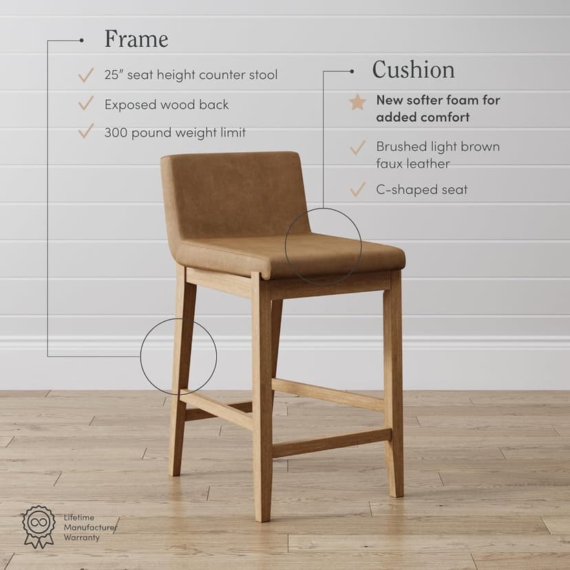 Nathan James Gracie Modern Counter Height Bar Stool with Back, Counter Stool Upholstered Chair with PU Leather and Brushed Wooden Legs, Light Brown, Set of 4