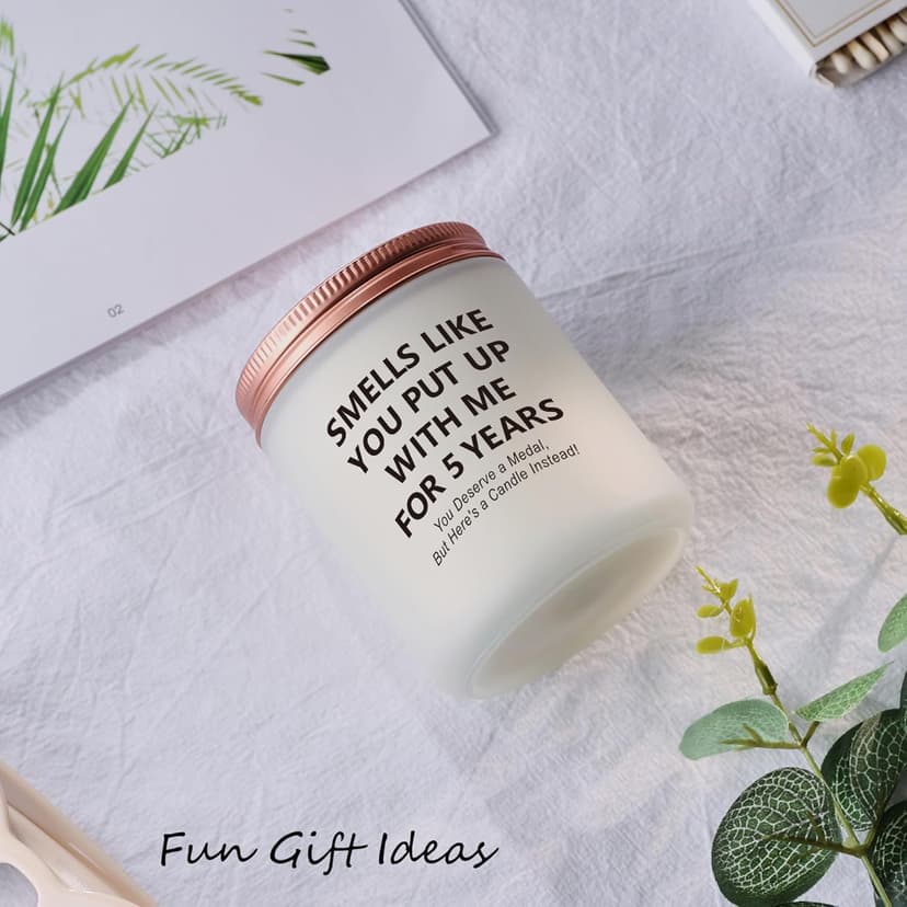 Funny 5th Wedding Gift for Women Men Anniversary, 5 Year Anniversary Wood Themed Gifts for Her Him Wife Husband Girlfriend Boyfriend Presents for Couple Candle