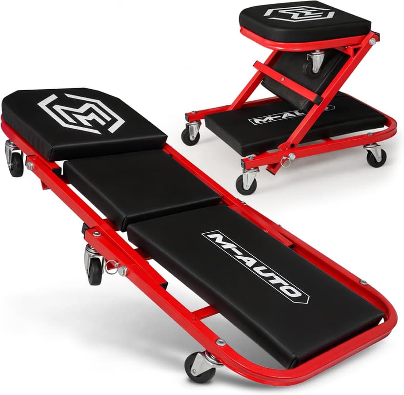 M-AUTO Foldable Z Creeper 2-in-1 Rolling Folding Car Creeper & Seat, 36" Adjustable Roller Garage Chair Lay Down or Sit, 330LBS Capacity Under Car Roller Creeper with 6 Swivel Casters, Red B0BPSQMJ9V