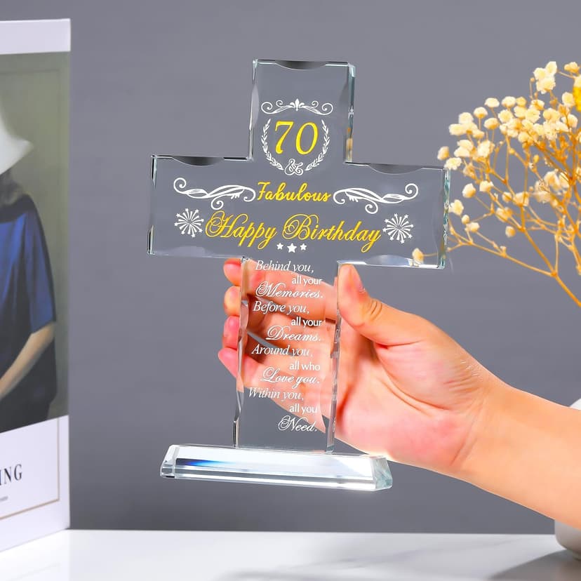 70th Birthday Cross Gifts for Women, Men, Standing Glass Keepsake for 70 Year Old Birthday Religious Presents for Mom, Dad, 70th Fabulous Birthday Gifts Ideas