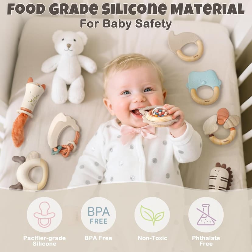 Sensory Toys with Soft Textures, Gentle Sounds & Easy-Grip Shape, Neutral Newborn Gift(10-Pack) Baby Rattles & Teethers Set, Baby Toys 0-6 Months, Teething Toys 3-6 Months B0F62MWKGD