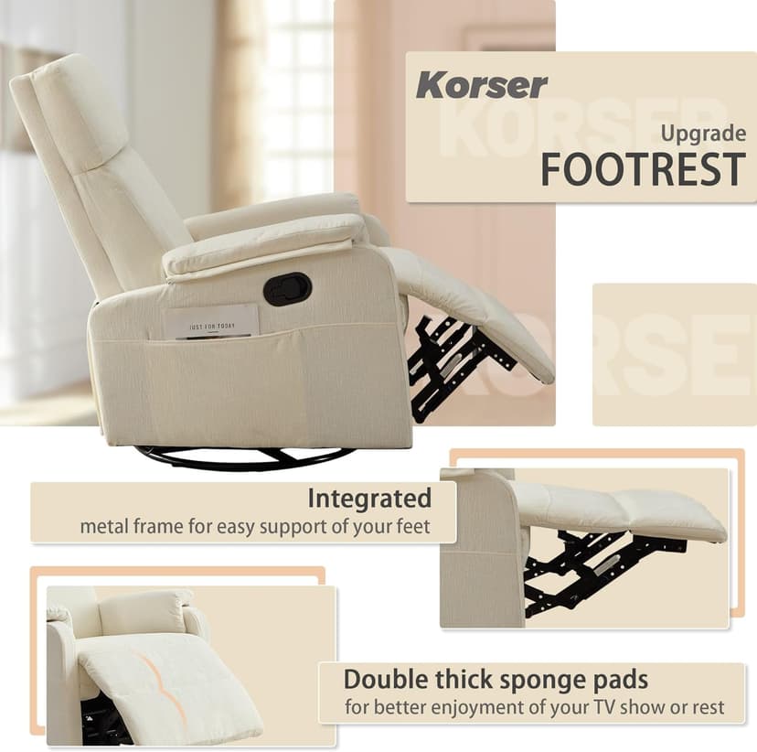 Korser Recliner Chair, Swivel Rocking Recliner Chair for Adults, Glider Rocking Chair, Small Nursery Chair Recliner for Living Room, Reclining Chair with Modern-Designed Armrests, Chenille, Beige