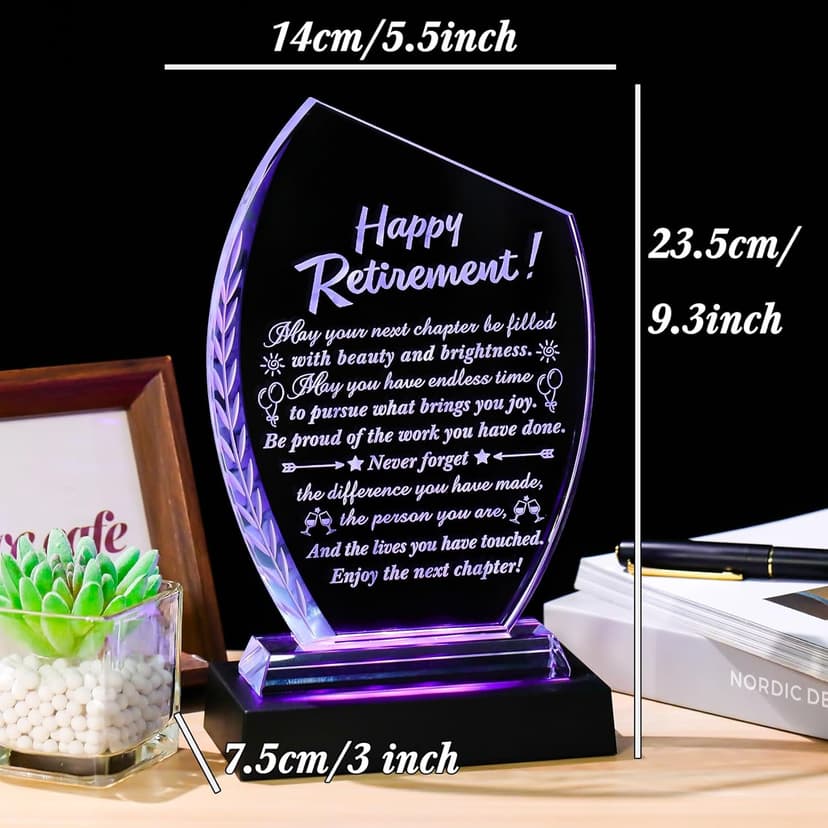 Movdyka Retirement Gifts for Women Men - 2025 Happy Retirement Crystal Keepsakes Plaque with Light Base Best Retired Gift for Woman Teacher Doctor Nurse Coworkers Boss Mom Friends Retiring Decor