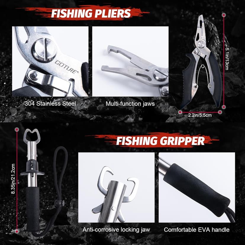 Goture Fillet Knife Fishing Kit,Bait Knife and Filet Knives with Sheath,Sharpening Rod,Fish Lip Gripper,Fishing Pliers,Cutting Board,Gloves,Stainless Steel Soap,Portable Storage Bag,Gifts for Men