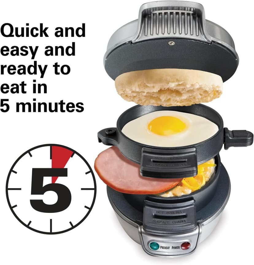 Perfect for English Muffins, Croissants, Mini Waffles | Customizable & Fast | PFAS-Free | Silver | 25475MN Hamilton Beach Breakfast Sandwich Maker with Egg Cooker Ring B00BTIUYOO