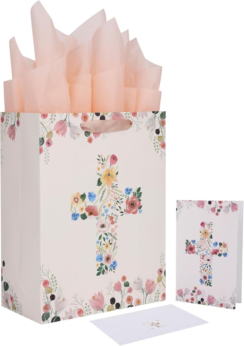 Qirrmiy 13" Large Light Yellow Floral Gift Bag Set with Greeting Card and Tissue Papers for First Communions, Baby Girl Baptisms, Christenings, Religious Occasions - 10.2'x5.2'x13', 1 Pcs.