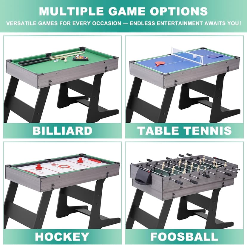 RAYKEEP Foldable Multi Game Table, 4-in-1 Combo Game Table Set with Ping Pong, Hockey, Pool Billiards and Foosball for Adults, Home, Game Room, Friends & Family