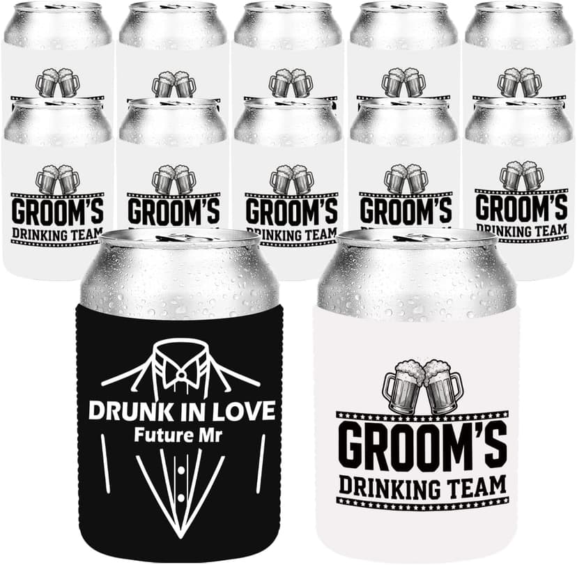 12pcs Beer Can Cooler Sleeves Bachelor Party Favors Bride And Groom Gifts Suit Dress Can Cooler Insulated Sleeves Decorations for Wedding Eve Gift for Men Groom Groomsman