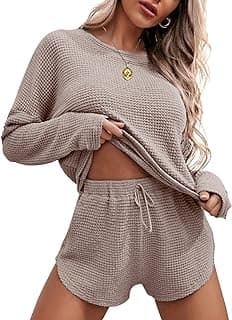 Drop Shoulder Pijamas de Mujer,Sexy Curved Hem Sleepwear,Round Neck Comfrt Sleepwear,Christmas Gift for Her,Sleepover Party Ekouaer Womens Waffle Knit Pajama Sets Long Sleeve Top and Short Lounge Set B09N3V12Q7
