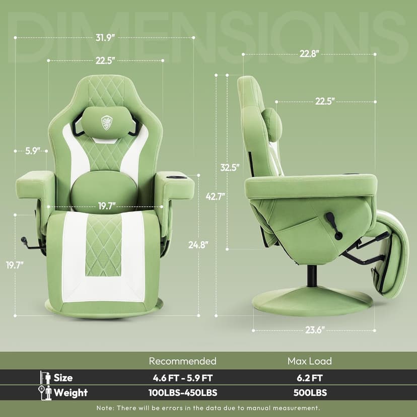 Dowinx Racing Style Gaming Recliner Chair with Massage Lumbar Support, Footrest, Cup Holder, Side Pouch, High Back Ergonomic Video Game Chair Reclining No Wheels Heavy Duty, Fabric Green
