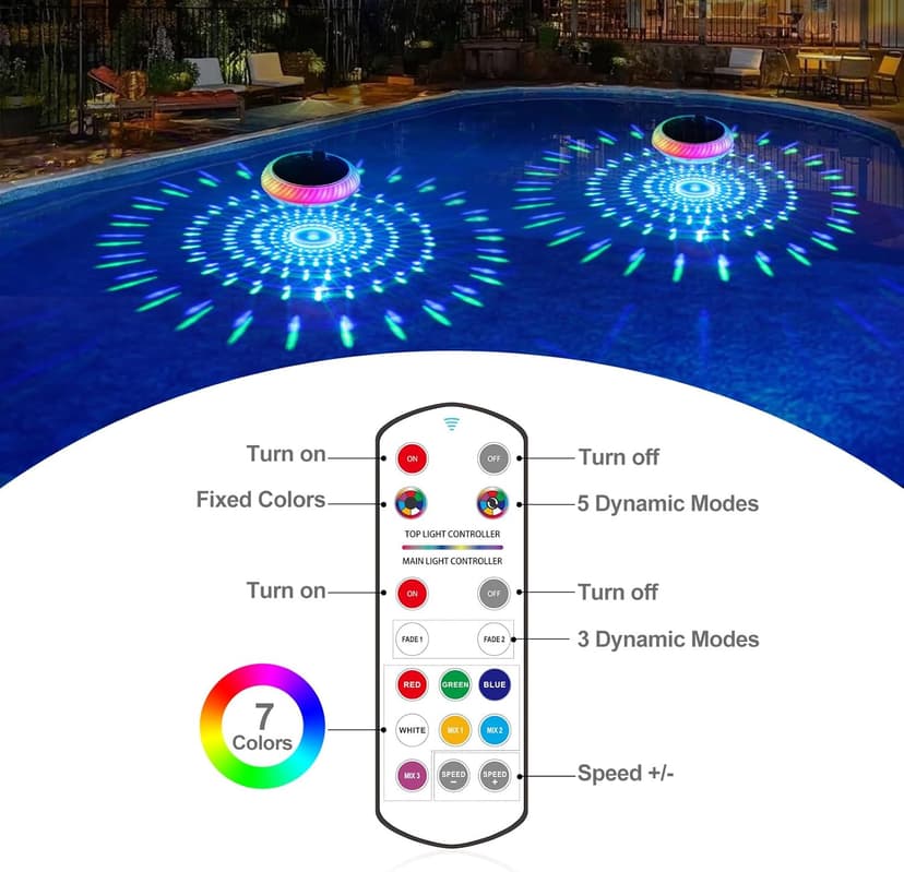 Askyli Floating Pool Lights Solar with Remote, 7.6 Inch RGB Up and Down Color Changing Solar Pool Lights That Float with Dynamic Lighting Effects, Floating Light for Pools, Party, Decor(2)