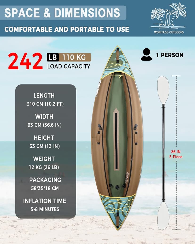 Inflatable Kayak, Portable Ripstop Oxford Cloth Recreational Touring Kayak with Fiberglass Kayak Paddle, Hand Pump and Carrying Bag, 1/2 Person