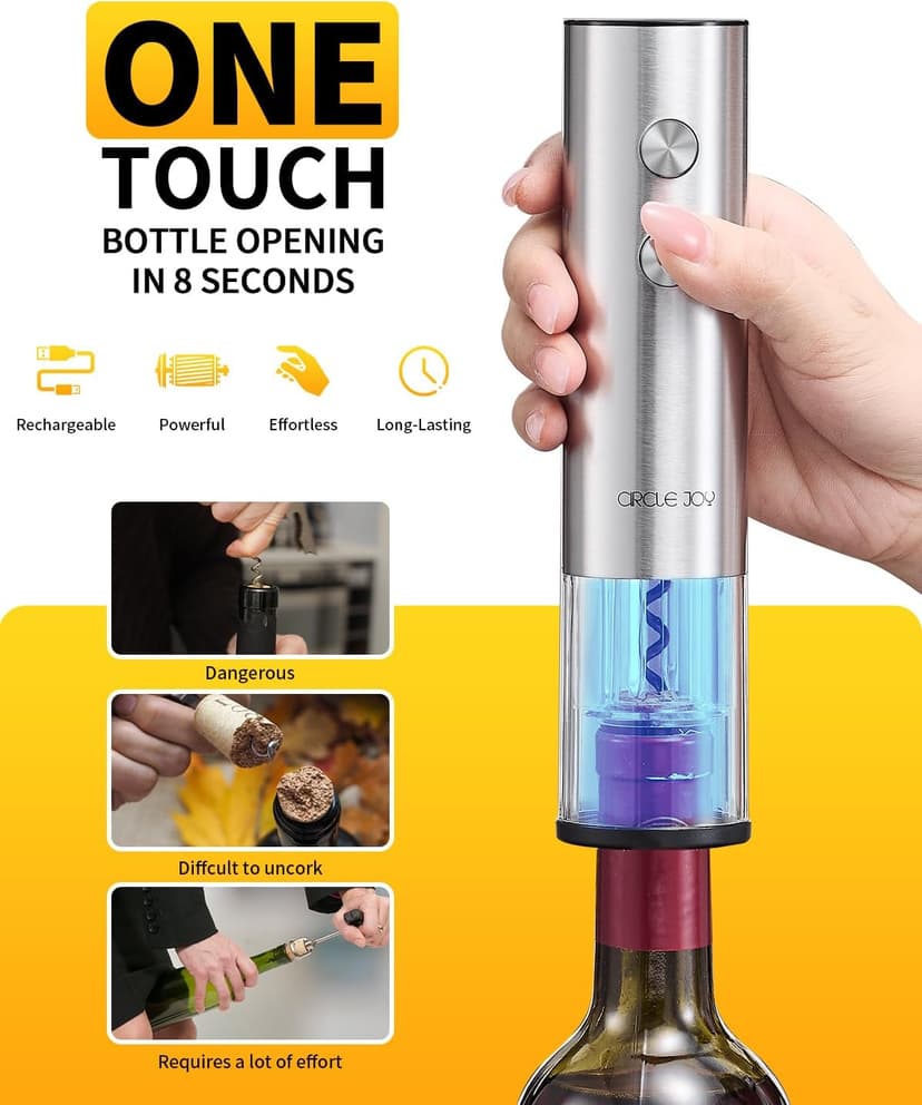 CIRCLE JOY Rechargeable Electric Wine Opener Set 8-in-1 Stainless Steel Automatic Wine Bottle Opener Gift Set w/Electric Wine Aerator Pourer, Foil Cutter, Wine Drip Ring, Vacuum Pump & 2 Wine Stoppers
