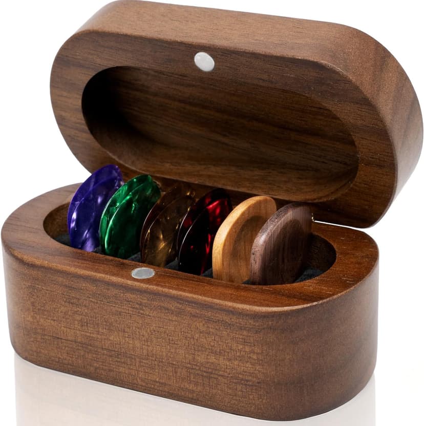 Onmiwod Guitar Pick Holder Set with 2 Color Wood Picks and 8 Celluloid Picks in 3 Thicknesses, Wooden Guitar Pick Case, Mini Jewelry Box, Guitar Music Accessories Gifts for Guitar Lover Player B0FMS2J7FV