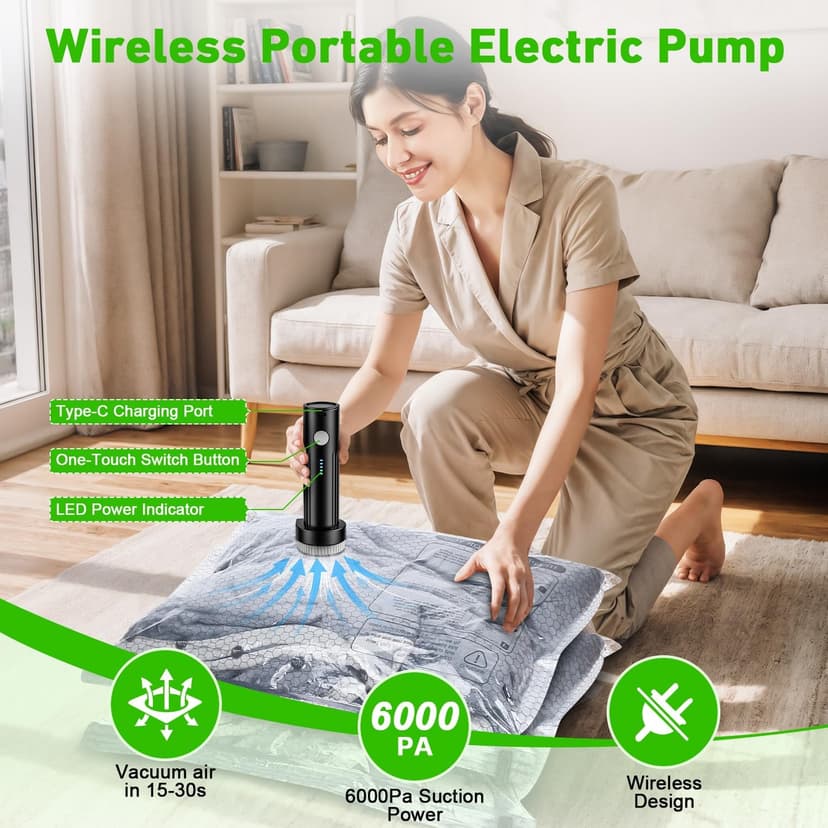 Vacuum Seal Bags for Clothing with Wireless Electric Pump - Travel & Home Use, 15 Pack Ideal Space Saver Vacuum Storage Bags, Travel Vacuum Bags for Luggage