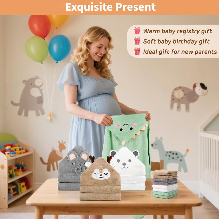 4 PCS Baby Towels & 8 PCS Washcloths Set, Cute Animal Hooded, Ultra Absorbent & Soft, Newborn Shower Gifts for Boys & Girls 12 PCS Baby Bath Towels Set for Infants Toddlers Essentials B0F3JC4GWM