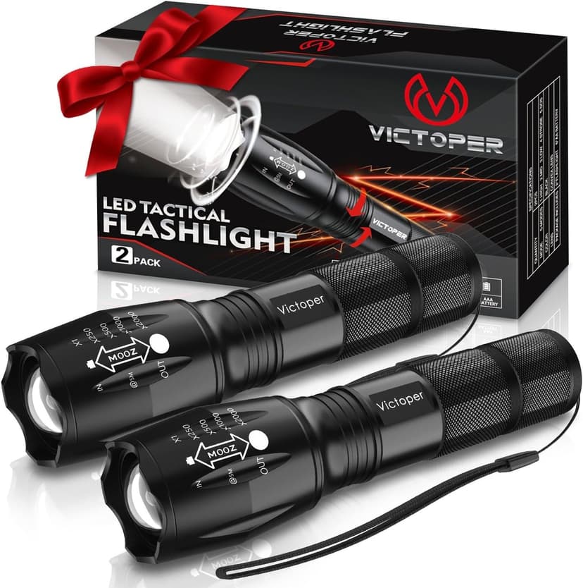 Victoper LED Flashlight 2 Pack, Bright Tactical Torch High Lumens with 5 Modes, Waterproof Zoomable Flash Light for Outdoor, Gifts for Men, Dorm Room Hunting Camping Essentials Gear for Guys