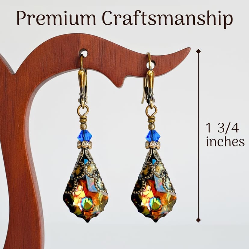 HisJewelsCreations Antique Inspired Vintage Victorian Dangle Drop Earrings for Women - Colored Austrian Crystal Leverback Earrings - Jewelry Gift for Her