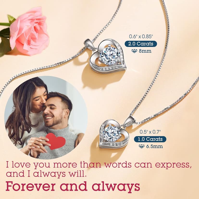 ONLYLIKE Heart Pendant Necklace Gifts for Wife, Engraved 'I LOVE YOU' Gift for Wife, 1-3 Carat Moissanite Necklace, Anniversary Eternity Jewelry Present for Wife, Birthday Gifts for Women
