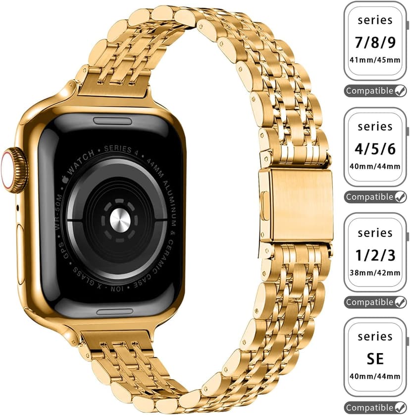 Slim Watch Band Compatible with Apple Watch 41mm 45mm 42mm 44mm 40mm 38mm Metal Stainless Steel Watchband Suitable for iWatch 10/9/8/7/6/5/4/3/2/1/SE Series Women Luxury Strap