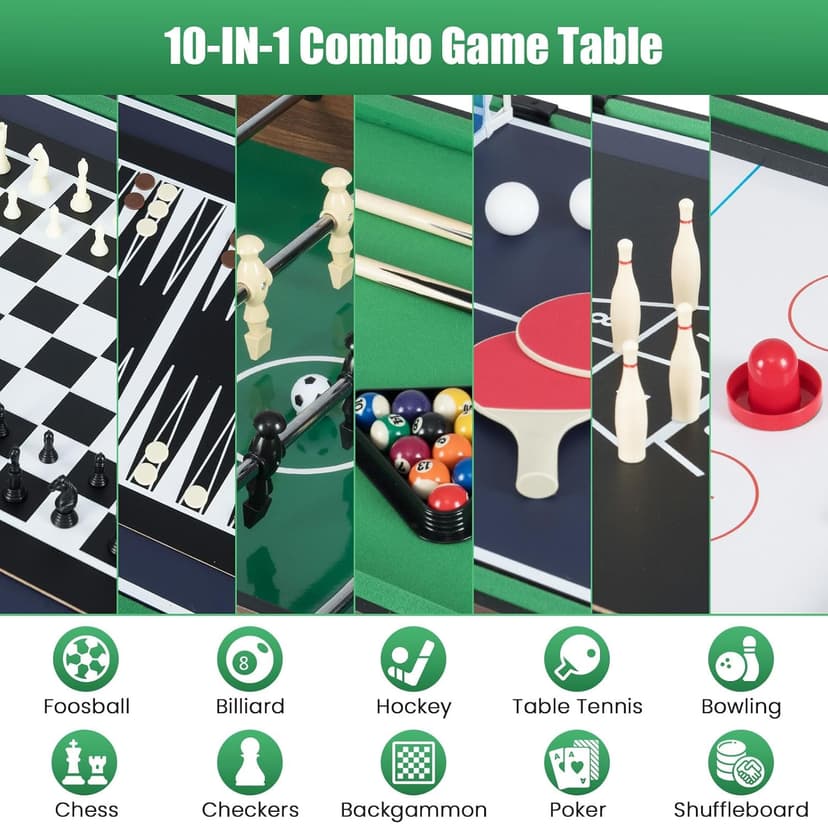 GYMAX Multi Game Table, 10 in 1 Combo Game Table w/Foosball Table, Hockey, Pool Table, Ping Pong, Shuffleboard, Bowling & 4 Board Games, Game Tables for Game Room, Home, Family