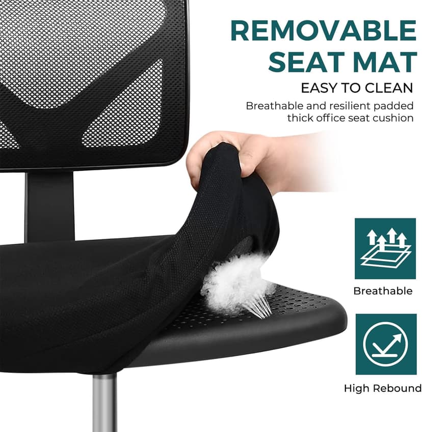 DUMOS Armless Office Chairs with Wheels, Ergonomic Adjustable Home Desk Swivel Rolling Task Chair No Arms, Comfy Mesh Mid Back Computer Work Vanity Desk Chairs for Small Spaces, New Black