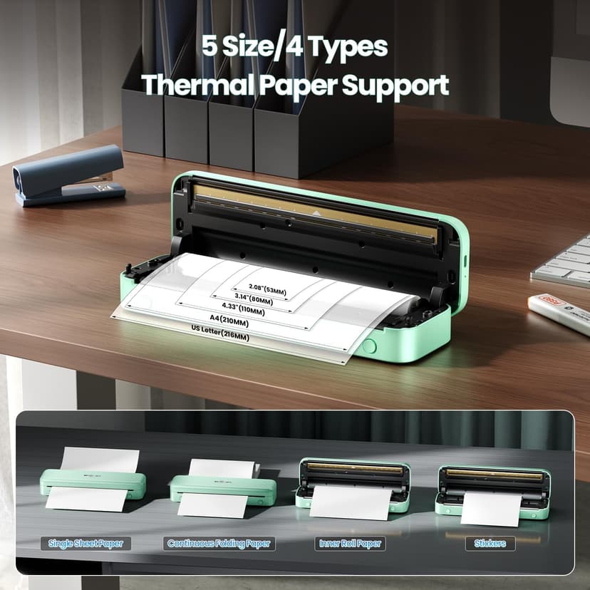 Phomemo Portable Printers Wireless for Travel Upgraded, M834 Bluetooth Label Printers 8.5" x 11"& A4 Size,Desktop Label Printers with Carry Case for Travel,Office,School,Car,Home,Light Green